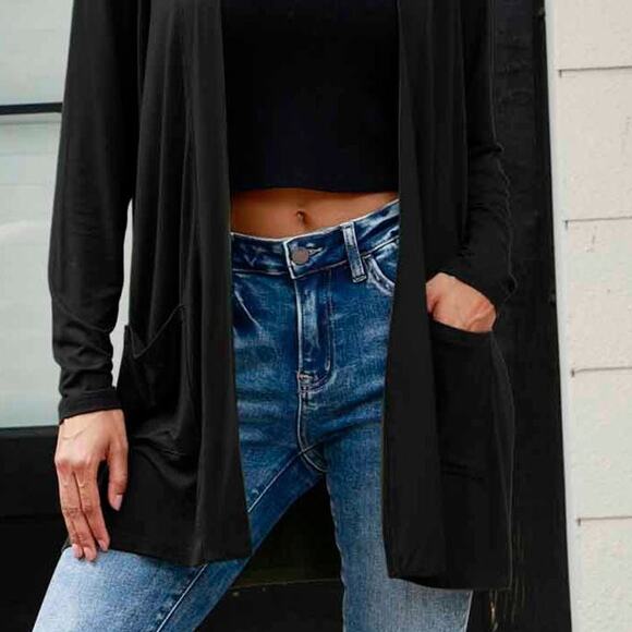 BASIC BAE Onyx Black Charcoal Gray Open Front Long Sleeve Cardigan Pockets NEW - Picture 4 of 5